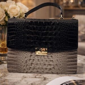 Brahmin Black and Gray Croc-Embossed Satchel